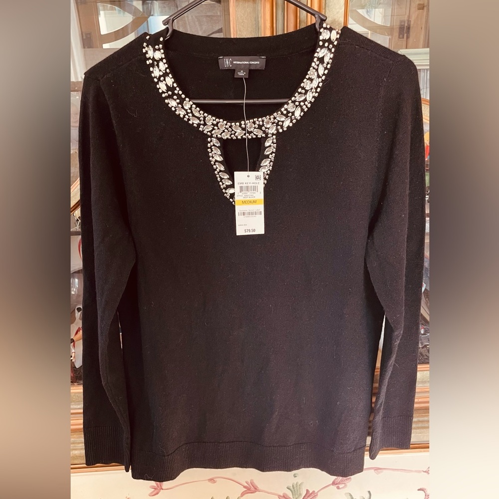 I.N.C. Brand black sweater with silver stone detail at neckline. New w/tags